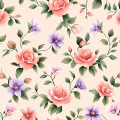 A vibrant floral pattern featuring pink and purple roses and other blossoms, set against a soft beige background, perfect for decor and textile designs.