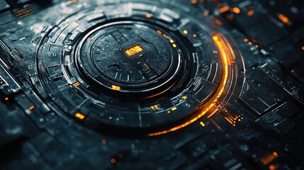 A futuristic, circular interface with glowing orange accents and intricate patterns, set against a dark, abstract background.