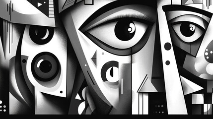 Abstract black and white artwork featuring geometric shapes and expressive eyes, evoking strong emotions and artistic depth.