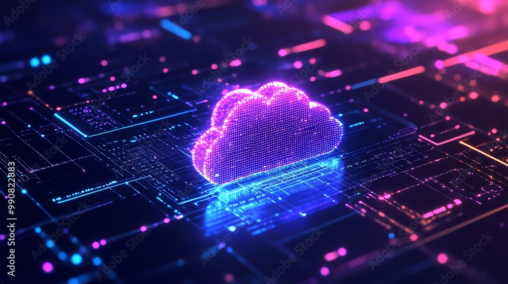 Poster a glowing cloud icon hovers above a digital circuit board, symbolizing cloud computing and data stor