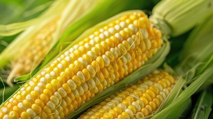 A close-up image showcasing a freshly harvested ear of corn with its husks, highlighting the vibrant yellow kernels.