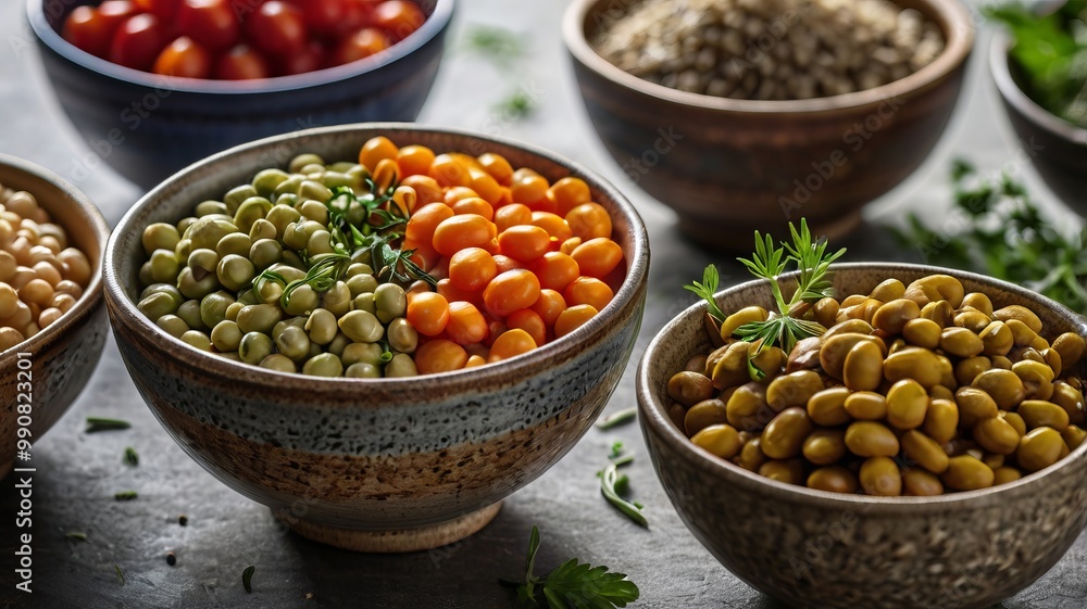 Wall mural bowls filled with vibrant legumes and fresh herbs, showcasing a colorful and healthy culinary spread