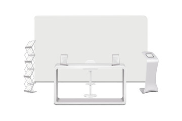Trade show booth display kit mock-up. Expo tradeshow set template. Backdrop banner, exhibition counter, table sign holders, swivel bar stool, literature rack, tablet podium stand. 3d vector mockup