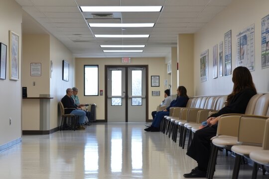 People sit quietly in a hospital waiting room near the reception area, some absorbed in their phones, others glancing around. The atmosphere is tense yet hopeful, filled with anticipation.