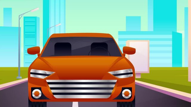 animated video, car advancing from the front and highway background