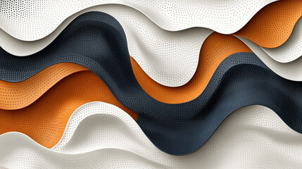 Abstract wave design with white, orange, and dark colors creating dynamic movement and texture on a smooth surface.