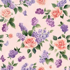A soft floral pattern featuring pink roses and purple lilacs against a light background, perfect for decor or textile designs.