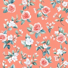 A vibrant floral pattern featuring pink roses and white blossoms on a coral background, evoking a fresh and cheerful aesthetic.
