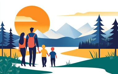 A family enjoying a hike together, taking in the beauty of nature on a sunny Sunday, Sunday family hike, outdoor exploration