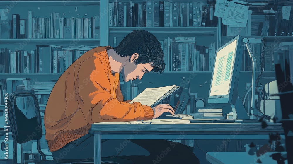 Poster a man slouches over a desk, book in hand, looking defeated. the logo-free computer and minimalist ro