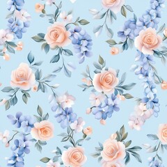 Soft floral pattern featuring pastel roses and blue blossoms on a light blue background, creating a serene and elegant atmosphere.