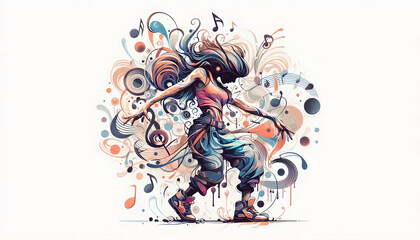 Fototapeta premium Abstract illustration of a female dancer in vibrant colors, expressing dynamic movement and energy