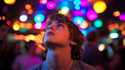 Thoughtful teenage boy looking up at colorful lights in a vibrant setting.