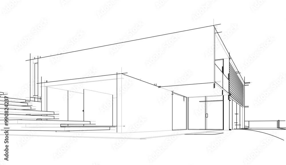 Poster Architectural sketch of modern building 3d rendering