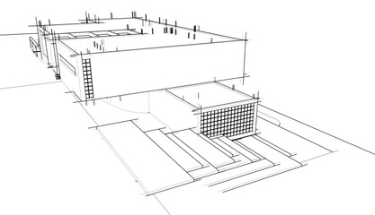 Architectural sketch of modern building 3d rendering