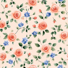 A vibrant floral pattern featuring pink roses and blue flowers, set against a soft beige background, creating a cheerful, romantic vibe.