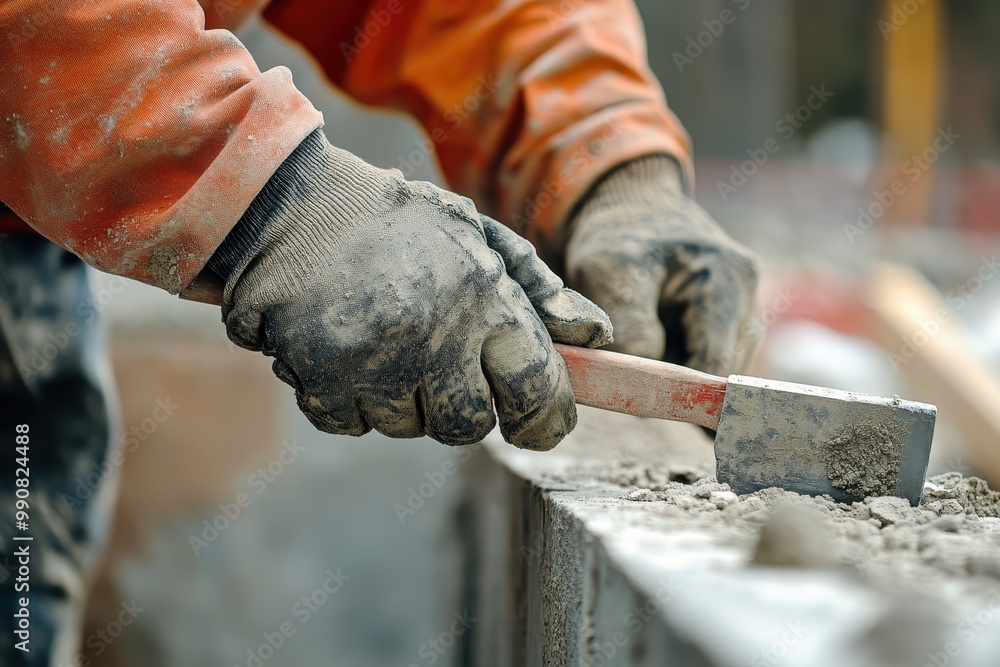 Poster a construction worker using a trowel to shape cement on a building site.