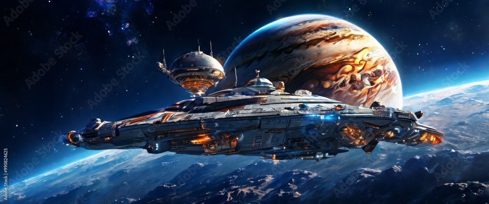 Poster a colossal spaceship floats in orbit around a majestic gas giant planet. the scene captures the imme