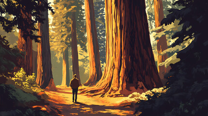 Man walking down path woods giant sequoia composition pan archival son time tree. Giant Redwood Trees. Illustration