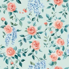 A beautiful floral pattern featuring pink roses and blue wisteria against a soft, light green background.