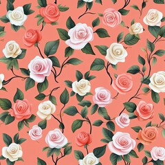 A beautiful floral pattern featuring pink and white roses against a coral background, showcasing intricate details and lush green leaves.