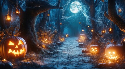 A spooky forest pathway lined with carved pumpkins, glowing lanterns, and cobweb-covered trees under a full moon