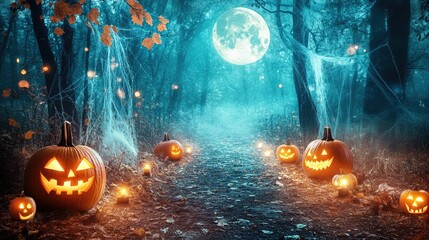 Naklejka premium A spooky forest pathway lined with carved pumpkins, glowing lanterns, and cobweb-covered trees under a full moon