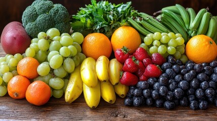 A colorful assortment of fresh fruits and vegetables arranged on a rustic wooden table in a warm, inviting setting