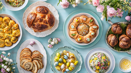 Easter brunch spread with a variety of dishes, pastries, and spring-themed decorations on the table