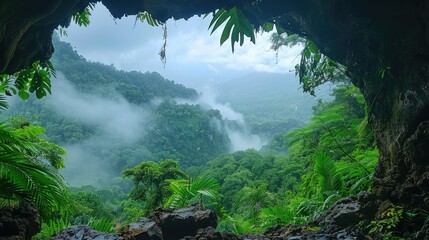 A misty mountain valley seen through a cave entrance, lush greenery fills the frame.