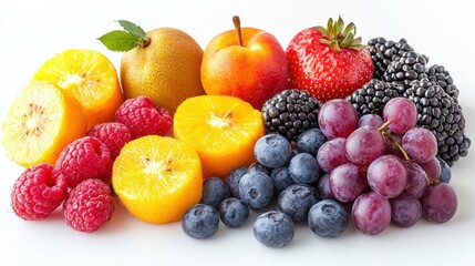 Freshly arranged fruits including berries, apples, and citrus on a white background for a vibrant, healthy display