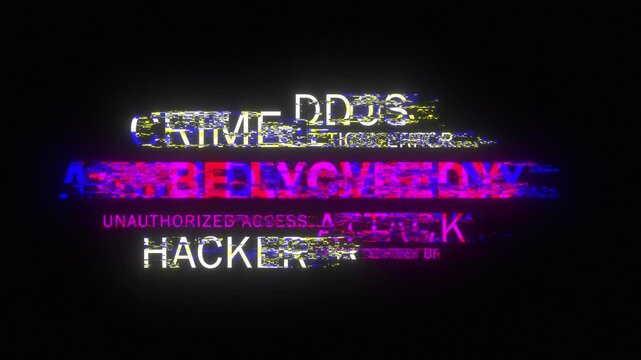 CYBER SECURITY glitch cloud tag, terms. CYBER SECURITY text cloud with glitch effect. Hacker attack, DDOS, cyber crime. Looped animation, web banner for cyber security events.