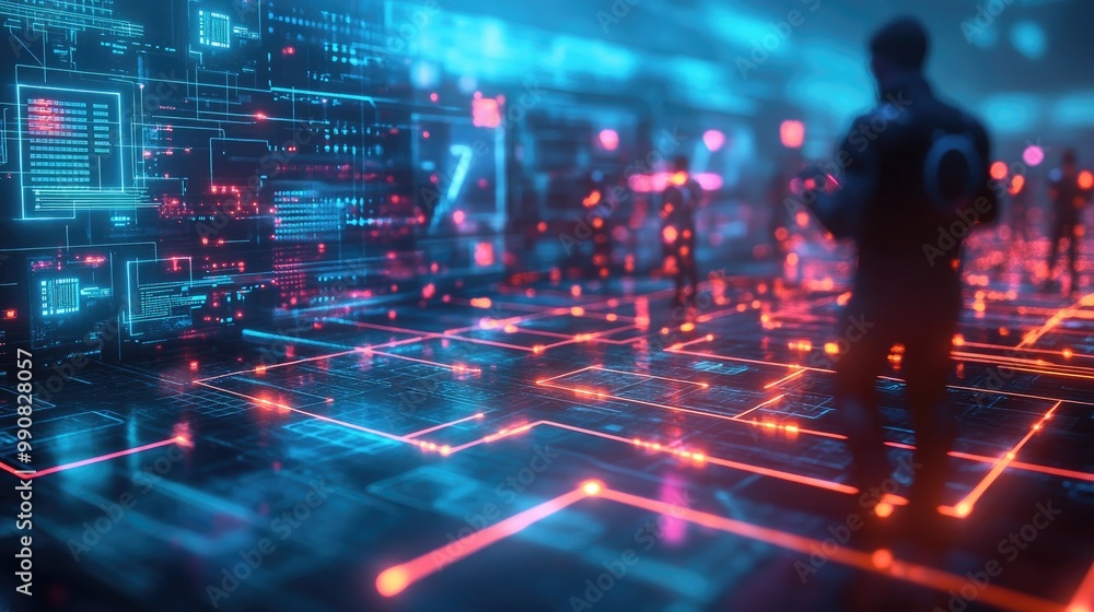 Poster a futuristic digital landscape with glowing lines and data patterns, depicting a tech-savvy environm