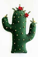 Festive Cactus Christmas Decoration with Red Flowers and Golden Ornaments on white background