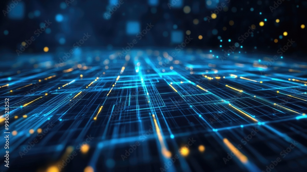 Poster a futuristic digital landscape with glowing blue lines and sparkling particles, representing connect