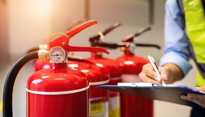Fire safety inspection with fire extinguishers and checklist.