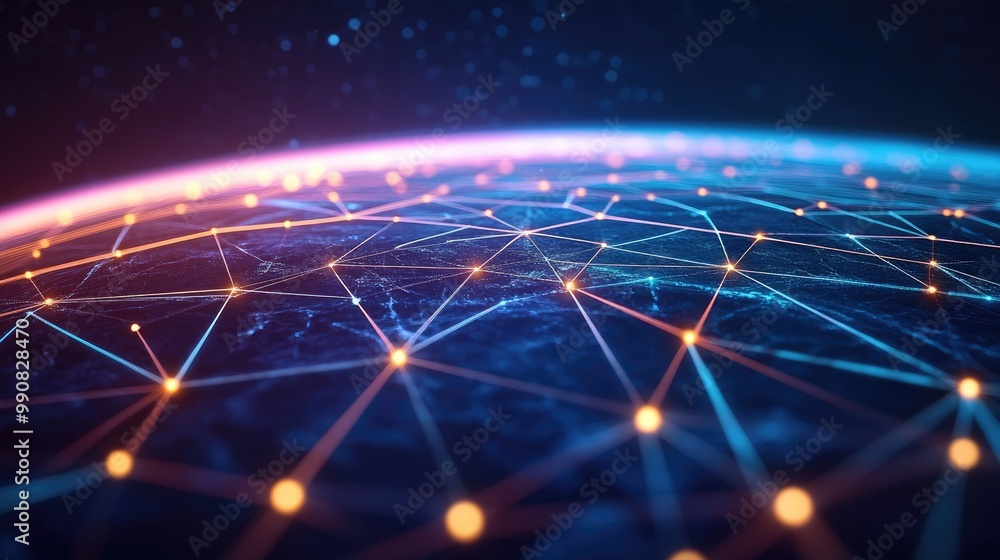 Poster a vibrant depiction of a digital globe showcasing interconnected nodes and networks, symbolizing glo