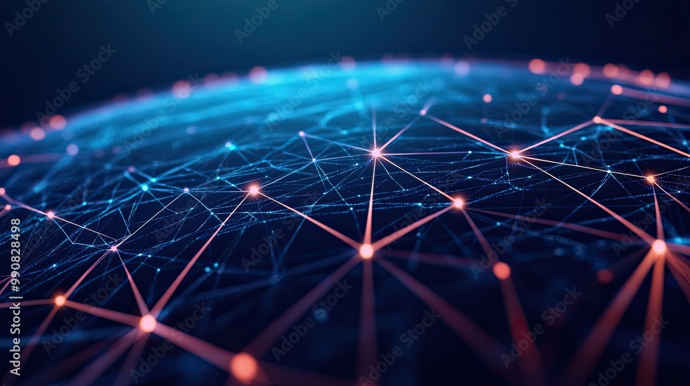 Poster a digital visualization of interconnected nodes and networks, resembling a global data web with vibr