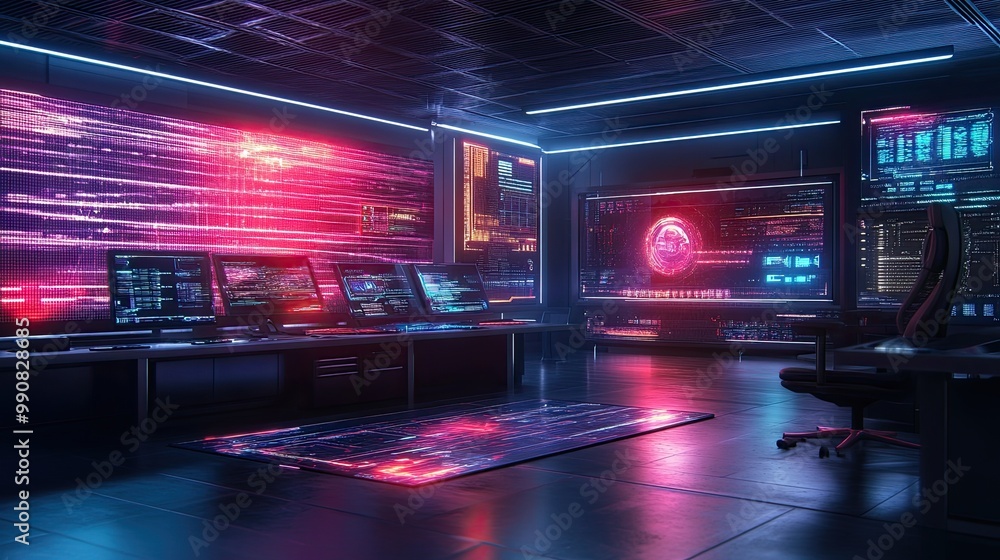 Poster a futuristic control room illuminated by vibrant neon lights, featuring high-tech monitors displayin