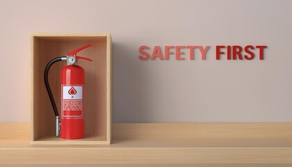 Fire extinguisher in a wooden box with safety first message.