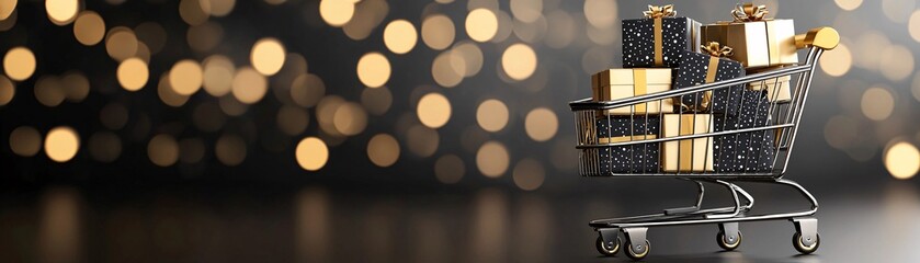 Elegant 3D Shopping Cart for Black Friday - Luxurious Black and Gold Gifts Create a Festive Backdrop for Holiday Sales and Shopping Promotions