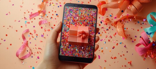 Obraz premium Smartphone displaying gift box and confetti in hand