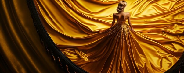 An elegant woman in a flowing gold dress walking down a spiral staircase, each step reflecting light off her gown like liquid gold