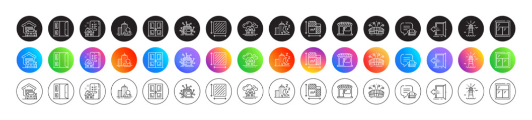 Lighthouse, Entrance and Building line icons. Round icon gradient buttons. Pack of Market, Property agency, Open door icon. Night city, Square area, Inspect pictogram. Vector