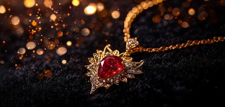 An intricate gold necklace with a sparkling ruby pendant lying on dark velvet, the contrast highlighting the beauty of both jewel and metal