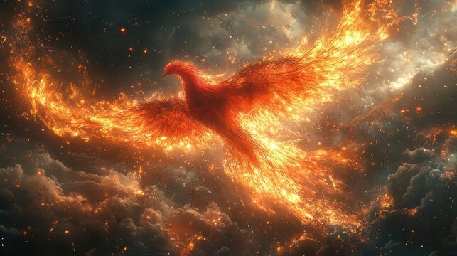 mythical phoenix reborn majestic red phoenix with fiery feathers and intricate wire wings soaring through a stormy sky trailing embers