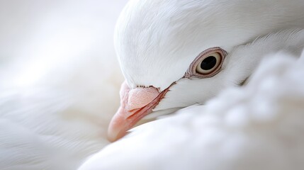 Fototapeta premium Detailed close-up of a white dove beak and feathers, symbolizing the freedom of flight and purity. No logo, clear focus.