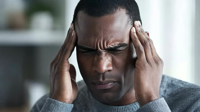 A man experiencing stress and discomfort, holding his head in pain, conveying a relatable moment of mental struggle.