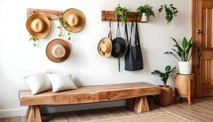 A rustic wooden bench with a white cushion, a hanging wooden rack with hats, and potted plants in a minimalist, natural-themed interior