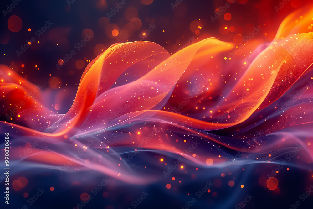 Poster a captivating display of fluid waves in rich colors like red and blue, filled with sparkling particl